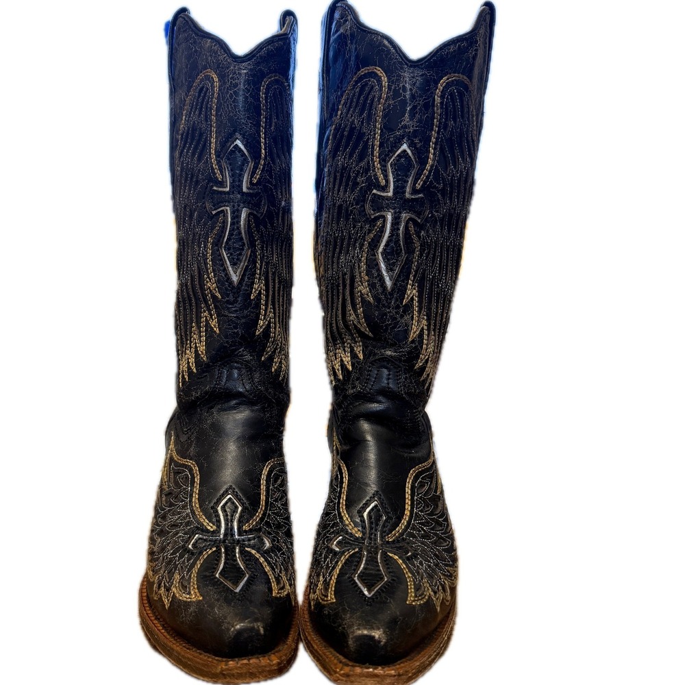 CORRAL Vintage Wing & Cross Western Boots Women 8.5 Black Distressed Inlay